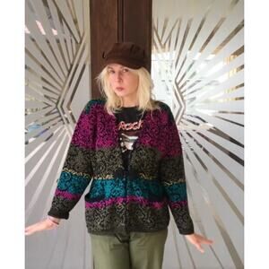 Vintage Koret 80s 90s Cardigan Knit Sweat Fair Isle Women's Size XL